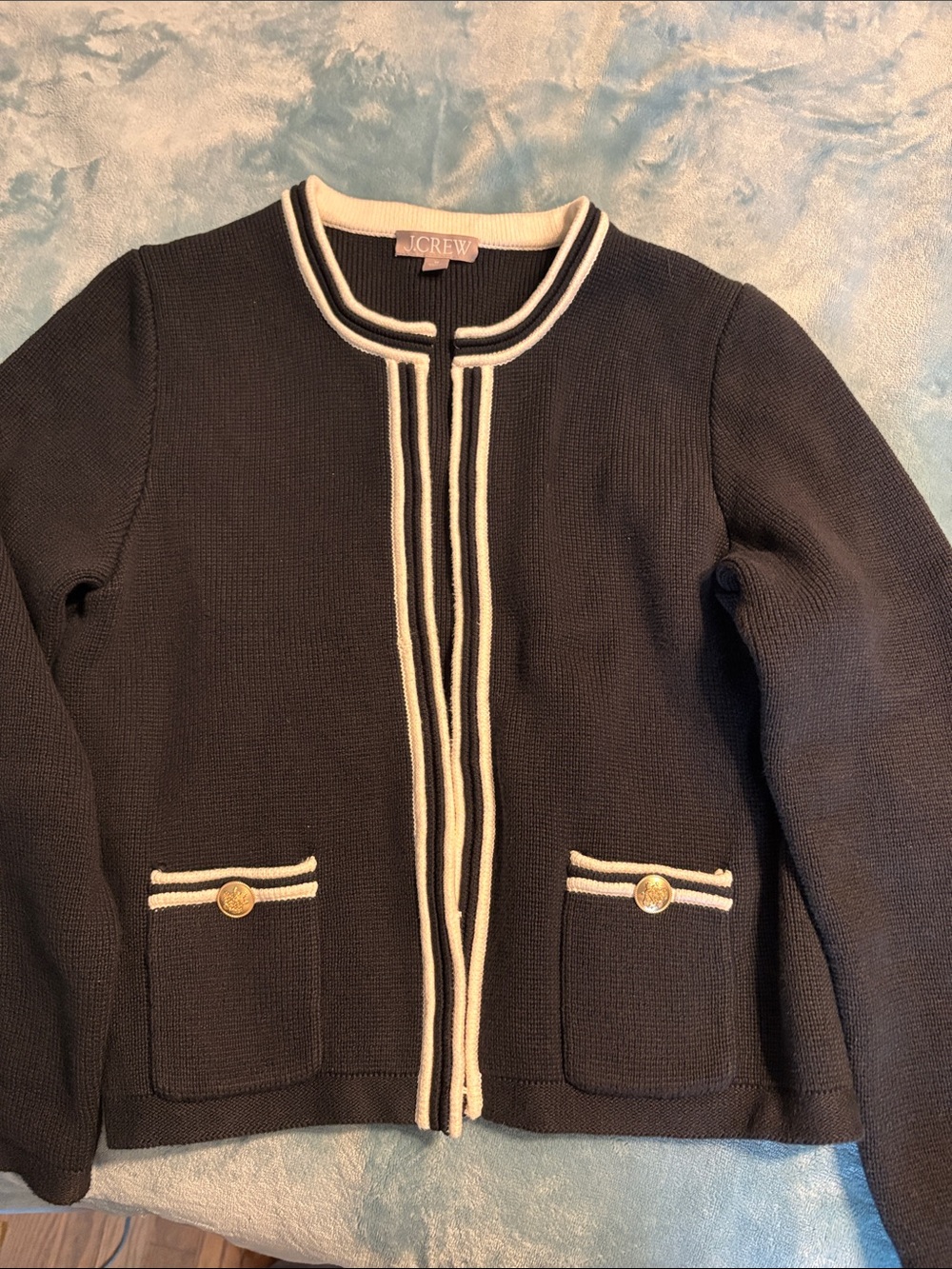 J. Crew Black Collarless Knit Blazer with Cream Trim
